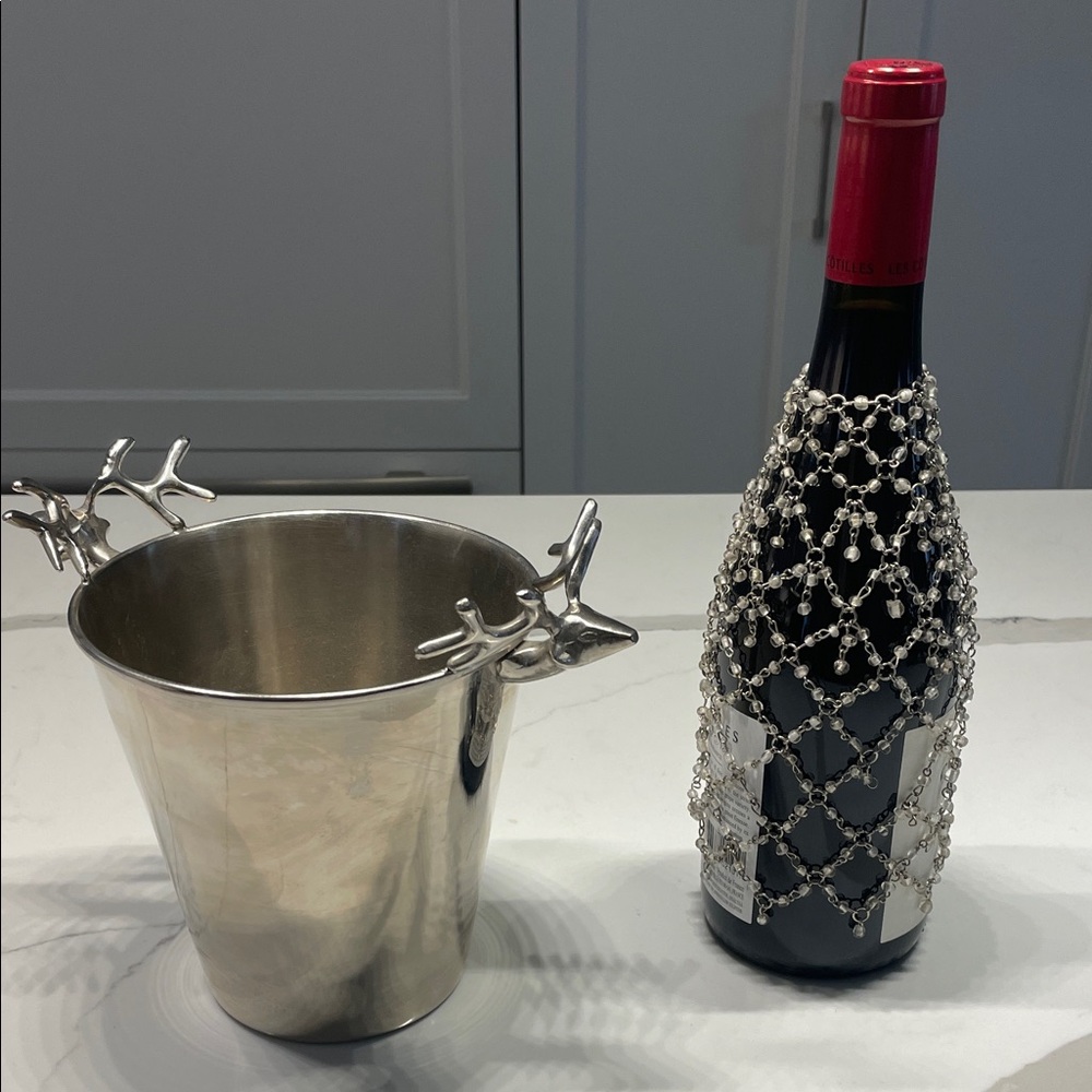 Elegant Silver Wine Bucket with Beaded Bottle Cover